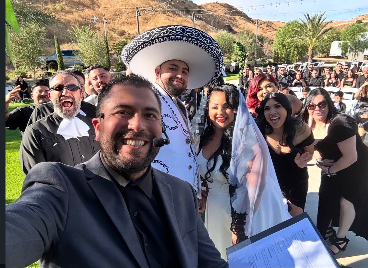 Bride and groom at outdoor Inland Empire wedding ceremony