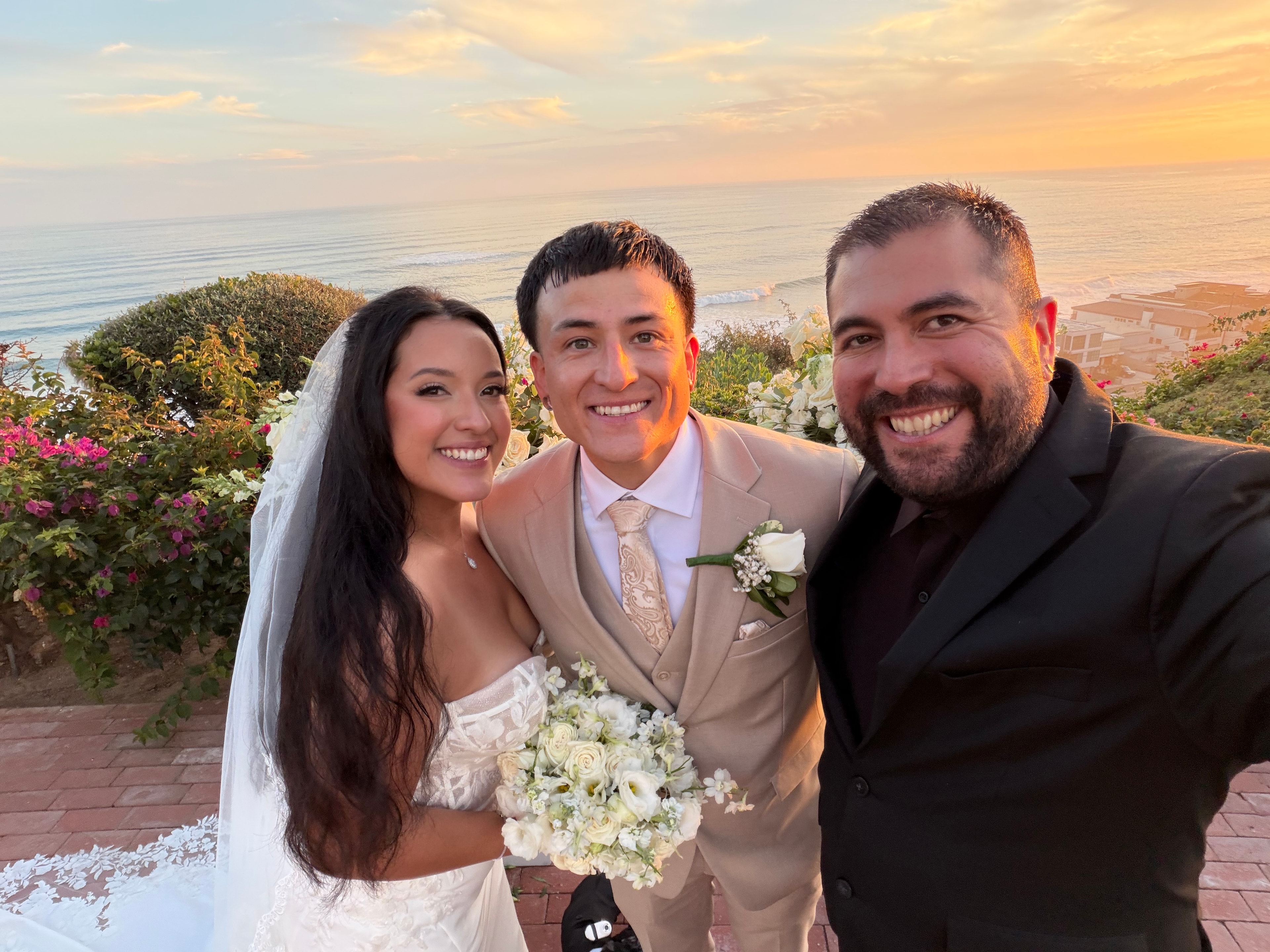 Mike with Vanessa and Estevan at their Dana Point elopement at sunset
